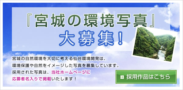 「宮城の環境写真」大募集　宮城の自然環境を大切に考える仙台環境開発は、環境保護や自然をイメージした写真を募集しています。採用された写真は、当社ホームページに応募者名入りで掲載いたします！